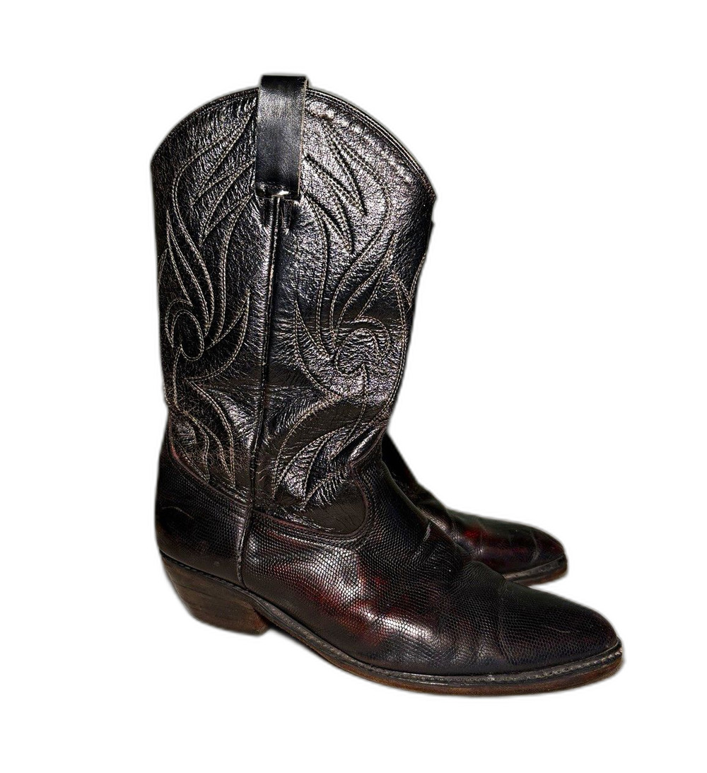 Bally Custom Hand-Made Black Leather Western Cowboy Boots, Embroidered Stitching